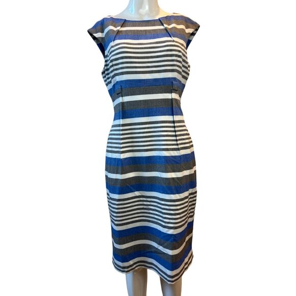 Calvin Klein Striped Sheath Dress Fully Lined Career Blue Gray Size 8P - Picture 1 of 9
